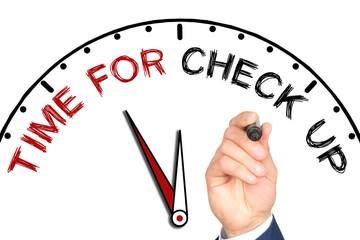 Hand writing TIME FOR CHECK UP on drawn clock with marker on transparent wipe board.