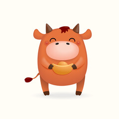 2021 Chinese New Year vector illustration of a cute happy little ox, holding gold ingot, isolated on white. Hand drawn cartoon clipart. Design concept for holiday card, banner, poster, decor element.