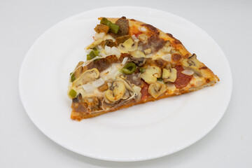 Slice of Supreme Pizza on a White Plate with a White Background