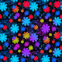 Bright multicolor seamless pattern with flowers and bokeh