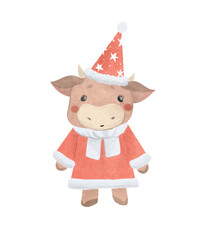 the year of the ox, cute little bull, new year and merry christmas watercolor bull