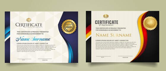 set vertical and horizontal certificate template with wave ornament and modern texture pattern background