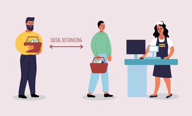 Social Distancing, People keeping distance for infection risk and disease. Shopping, market. cashier and two customers. new normal concept, flat vector illustration.
