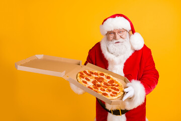 Fat grey beard santa claus deliver x-mas christmas night midnight present yummy pizza season...