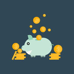 Money growth, piggy bank illustration and coins represent saving money, financial flat design