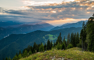 View of Triglav National Park and Jesenice town in sunset clouds - Julian Alps, Slovenia and view from Karavanke mountains, Slovenia and Karawanken mountains, Carinthia, Austria