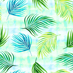 Fototapeta na wymiar multicolored palm brushes seamless pattern watercolor texture on teal color background