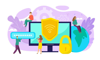 Wifi security concept, online safety, data protection, secure connection vector illustration. Cryptography, antivirus, firewall or secured cloud file exchange. Computer wi-fi encrypt data exchange.