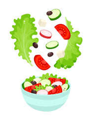 Bright vector illustration of colorful salad bowl.