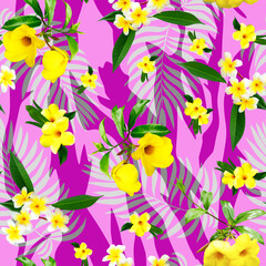 Beautiful seamless floral pattern, pink background with tropical flowers and palm leaves