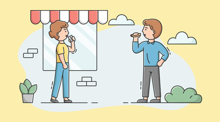 Cheat Meal, Healthy Lifestyle Concept. Man And Woman Eating Hotdog And Drinking Soda. Characters Cheating On Diet, Eating Unhealthy Fast Food Meal. Cartoon Linear Outline Flat Vector Illustration