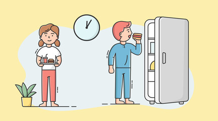 Healthy Lifestyle Concept. Man Is Suffering From Depression Near Fridge Eating Hotdog At Midnight. Woman With Fast Food On Tray Standing Next. Cartoon Linear Outline Flat Style Vector Illustration