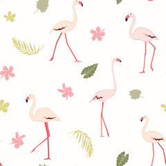Pink flamingo birds. Tropical greenery. Exotic flowers. Seamless pattern texture. Colorful on white background.