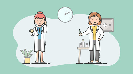 Medical Staff, Healthcare And Medicine Concept. Hospital Staff Nurses Women With Thermometer And Stethoscope On Duty In Hospital. Time to Vaccinate. Cartoon Linear Outline Flat Vector Illustration