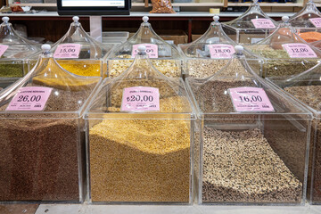various legumes stands in market in grand bazaar kemeralti izmir turkey