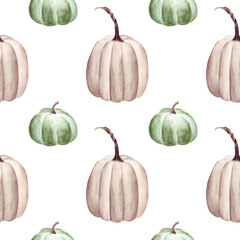 Seamless pattern with pumkins on white background. Watercolor illustration.