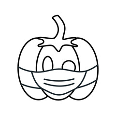 Cute cartoon black and white pumpkin in medical protective masks halloween covid-19 concept coronavirus pandemic vector illustration for coloring art