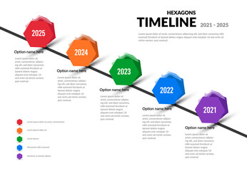 Modern infographic layout with hexagon shapes, annual timeline template