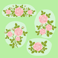 Set of pink rose decorative element. Floral ornament collection. Flat design. Botanical illustration. Vintage style.