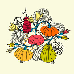 Thanksgiving Day print. Hand drawn vector illustration of pumpkins and flowers isolated on white