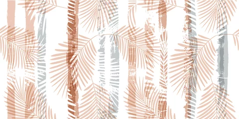 Tapeten Pastell Tropisches Muster, Palmblätter nahtloser Vektor floraler Hintergrund. Exotische Pflanze auf Pastellstreifen-Druckillustration. Sommernatur-Dschungeldruck. Blätter der Palme auf Farblinien. Tinte Pinselstriche