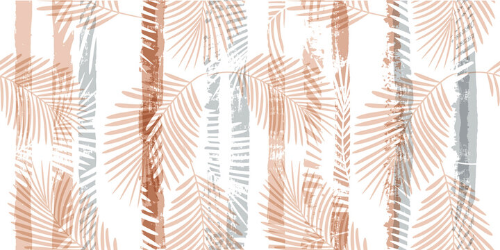 Tropical pattern, palm leaves seamless vector floral background. Exotic plant on pastel stripes print illustration. Summer nature jungle print. Leaves of palm tree on paint lines. ink brush strokes