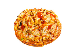 Indian Style of Italian Dish Paneer Pizza Topped with Cottage Cheese on Isolated White Background