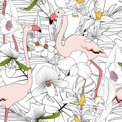 Pink flamingo birds couple, exotic tropical flowers, greenery leaves and plants. Coloring style seamless pattern.