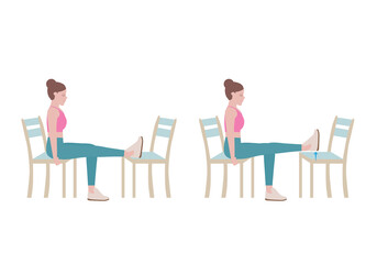 Fototapeta na wymiar Exercises that can be done at-home using a sturdy chair. Use two chairs. While seated, extend your leg so that it rests on the other chair. Slowly raise the leg. with Horizontal Straight-Leg Raise.