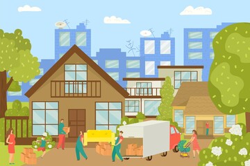 People moving house, new home and workers carrying furniture, cardboard boxes vector illustration. Happy people in new cottage. movement to country house. Real estate property