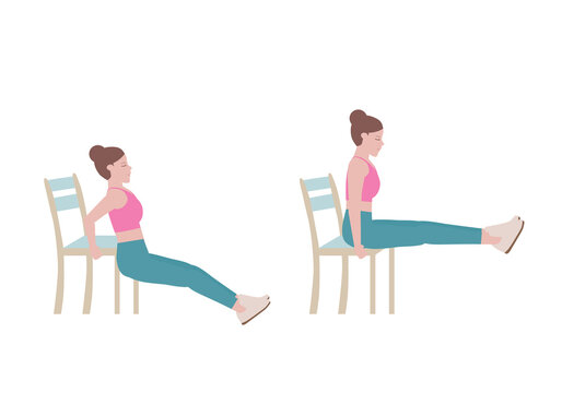 Exercises that can be done at-home using a sturdy chair.
Legs up until they are parallel with the ground. You need to keep legs as straight as possible. with Leg-Raise posture. Cartoon style.