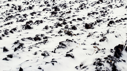 Snow-covered plowed field, agricultural land in winter