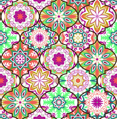 
Damask and Ogee  with colorful patchwork. Vintage multi color pattern in Turkish style. Endless pattern can be used for ceramic tile, wallpaper, linoleum, textile, web page background. Vector