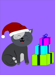 vector cartoon grey cat in a Christmas hat with gifts