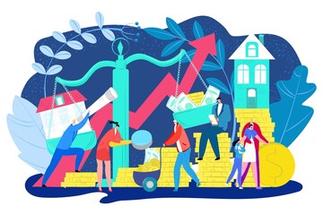 Rise in property prices, growth of realty estate and rising house market vector illustration. Increase in housing, mortgage graph and people invest money in property. Real estate development.