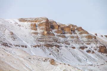 Bermamyt plateau. Karachay-Cherkessia, Russia. Caucasus Mountains winter landscape