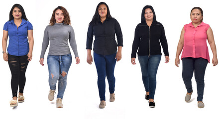 front vieo of a group of latin american women walking on white background