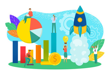 Start up concept of new business project vector illustration. Start-up development and launch new innovation product. Starting new technology idea, innovation. Creative startup with rocket symbol.
