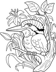cartoon cute kingfisher bird, coloring book, funny illustration