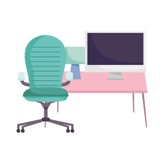 workspace armchair computer desk and lamp isolated design white background