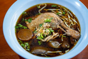 Close up Duck noodles soup, Street food in Thailand
