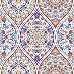 Seamless ceramic tile with colorful patchwork. Vintage multicolor pattern in turkish style. Hand drawn background. Islam, Arabic, Indian, Ottoman motifs - 376945954