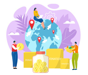 Goodwill concept, charity and donation vector illustration. People carrying money, donation boxes filled with used goods, clothing and donated food. Goodwill people volunteering, altruism in world.