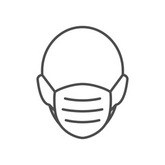 Man head in face mask line icon. Protection medical wear from virus, air pollution, flu, dust illustration isolated on white.