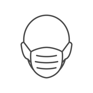 Man head in face mask line icon. Protection medical wear from virus, air pollution, flu, dust illustration isolated on white.
