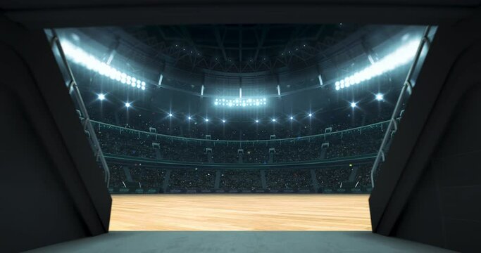Entrance tunnel leading to illuminated basketball stadium with wooden floor and full of fans. Glowing stadium lights in 4k video background.