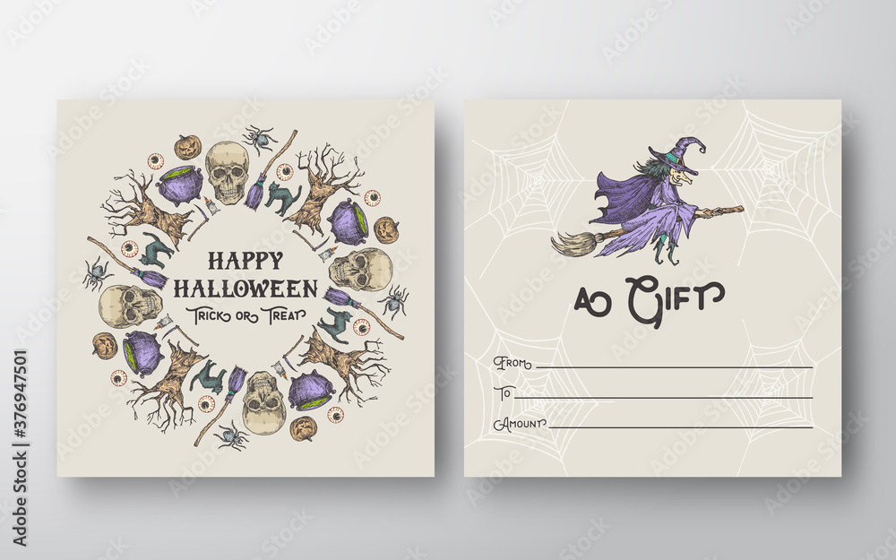 Wall mural halloween abstract vector greeting gift card background template. back and front design layout with 