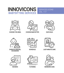 Babysitting services - vector line design style icons set