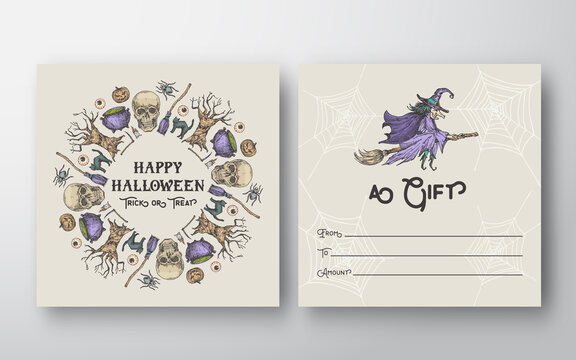 Halloween Abstract Vector Greeting Gift Card Background Template. Back and Front Design Layout with Typography. Soft Shadows and Sketch Pumpkins, Sculls and Witch on a Broom Illustrations Frame.
