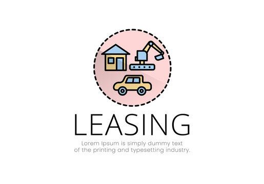 Finance. Vector illustration logo leasing. In a circle made of dotted lines, a house, a car, an excavator, the inscription leasing.